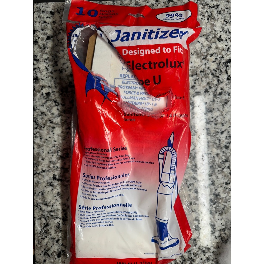 Janitized Dust Vacuum 10 Bags JAN-ELU-2 Type U Electrolux Bissell ProTeam (open)